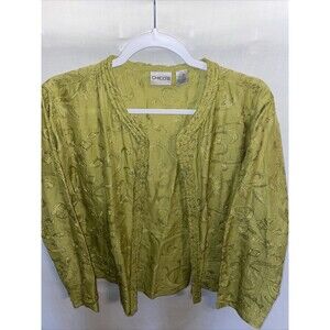 Chico's Open Shacket Women's Size 2 U.S. Large Green Silk Blend Embroidered LS